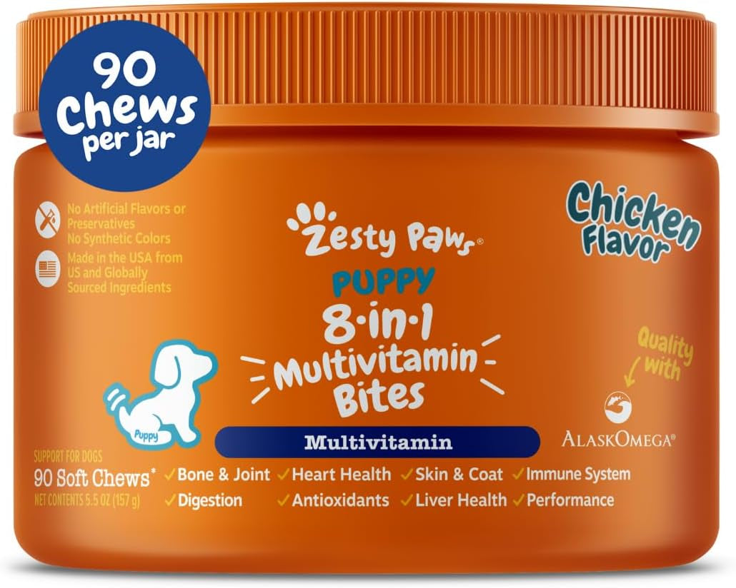 Dog Multivitamin, Chewable Dog Vitamins and Supplements for Hip & Joints, Skin & Coat, Omega 3 Fish Oil for Dogs- Senior & Puppy Multivitamin - Chicken Mini Bites- 90Ct