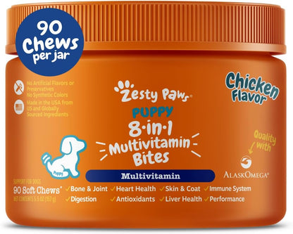 Dog Multivitamin, Chewable Dog Vitamins and Supplements for Hip & Joints, Skin & Coat, Omega 3 Fish Oil for Dogs- Senior & Puppy Multivitamin - Chicken Mini Bites- 90Ct